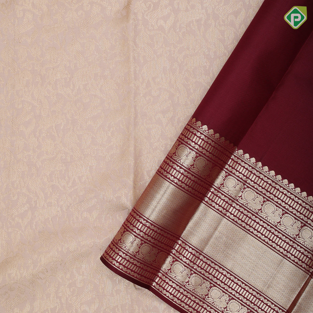 Milk White silver gold zari vanasingaram body design maroon silver gold zari peacock butta lines border grand bridal silk saree