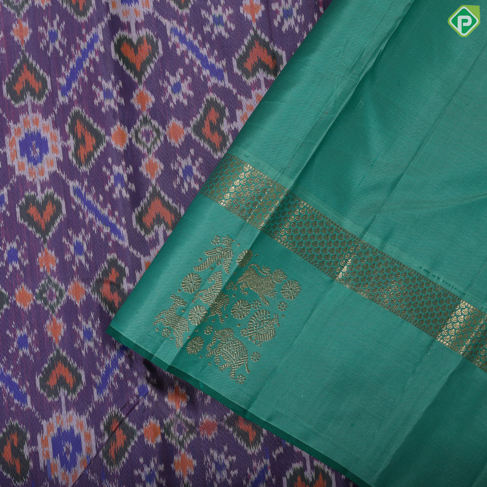 Lavender with multi color pochampalli design rexona green gold zari vanasingaram border Ikkat silk saree