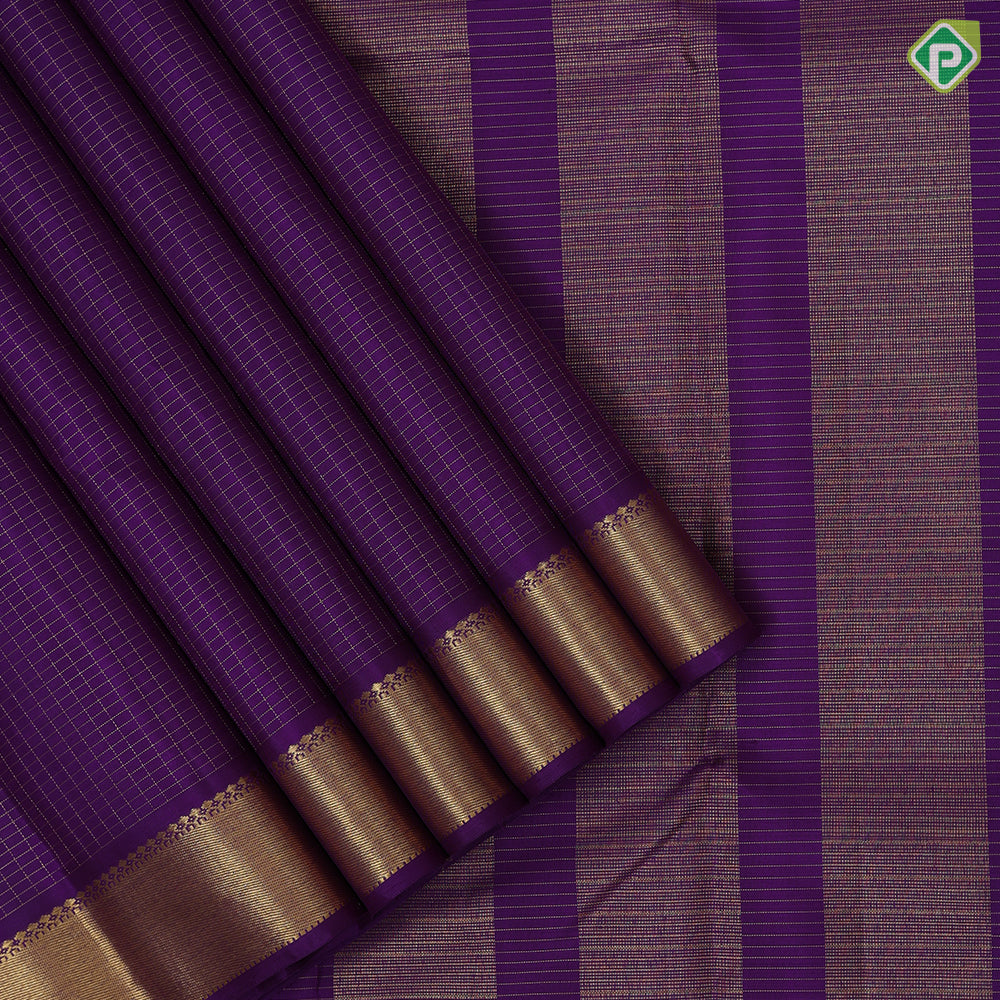 Purple with gold zari kattam checks design self gold zari bavanji border traditional koorai silk saree