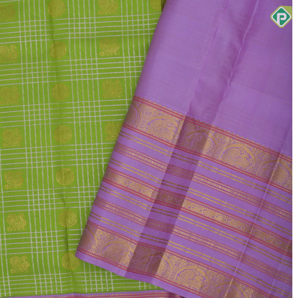 Parrot green Silver zari checks mid gold zari butta motifs lavender gold zari meena work lines border vintage silk saree