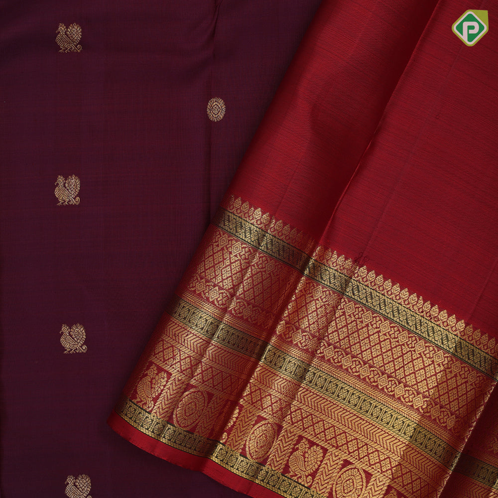 Arakku ruby red gold zari peacock chakkaram butta maroon red gold zari meena work border traditional silk saree