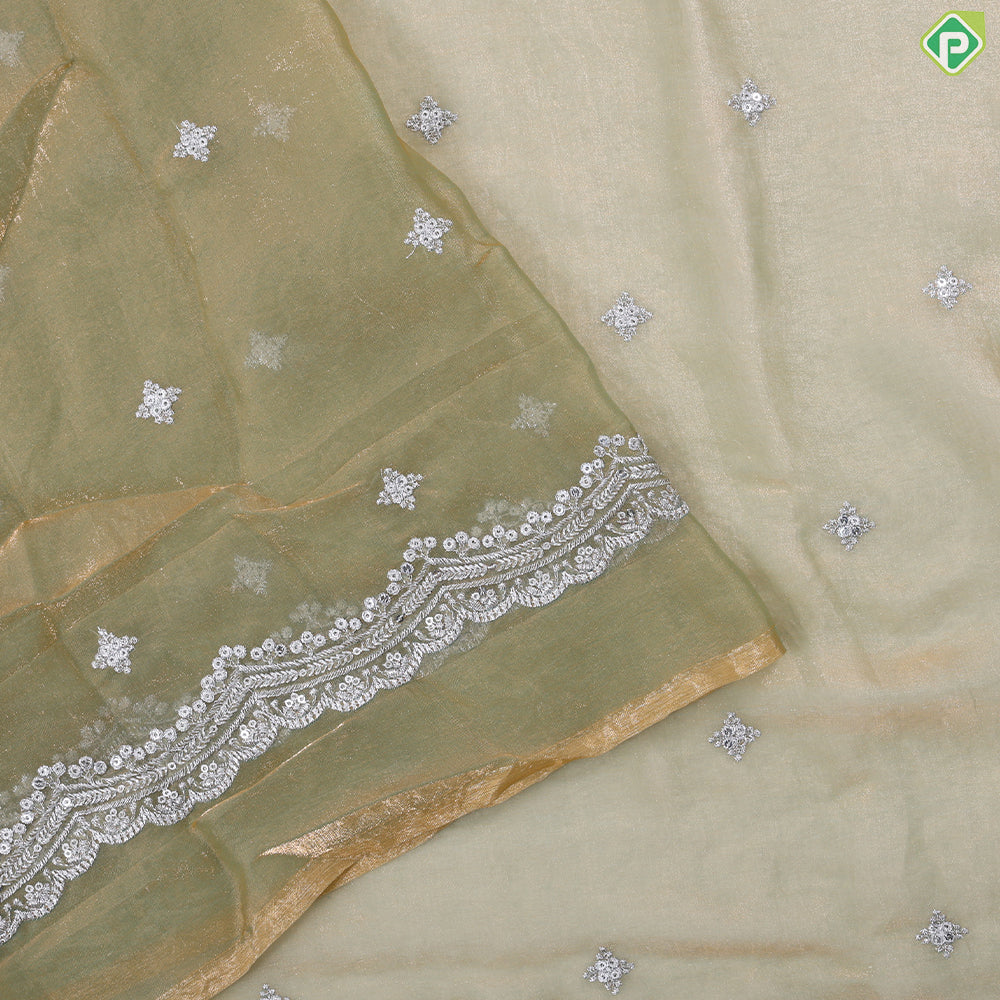 Mint green tissue effect diamond embroidered butta multi color floral cut work embroidery fancy saree