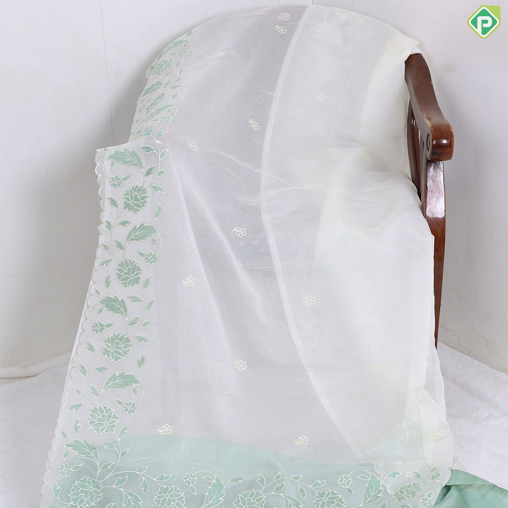 Creamy Green flower butta embroidered design semi organza fancy saree