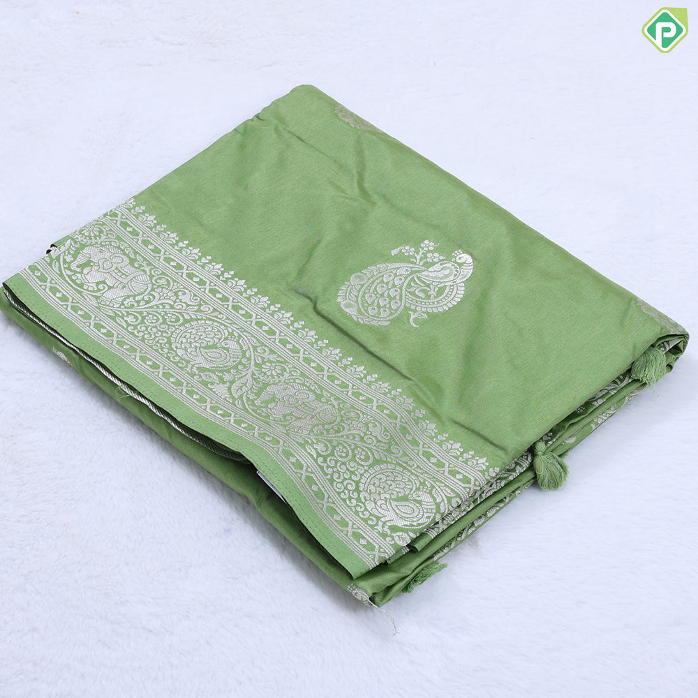 Orange silver zari peacock butta design banaras self rangoli border fancy chiffon saree