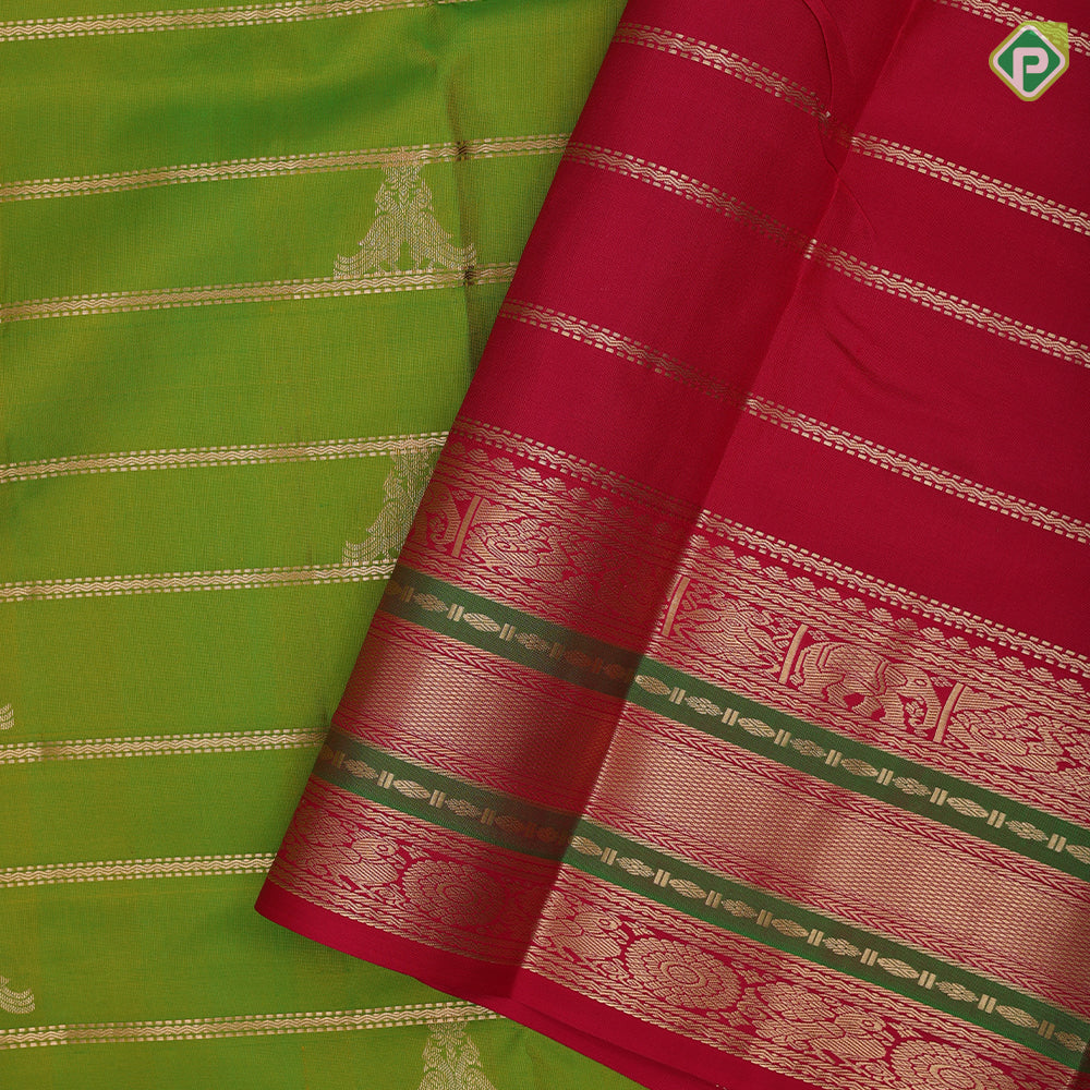 parrot green gold zari velthari lines double peacock butta rani red gold zari meena work border traditional silk saree