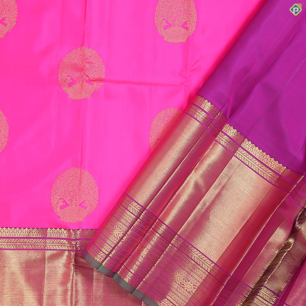 Cerise Pink With Gold Zari Big Peacock Round Butta Bavanji High Border Traditional Silk Saree
