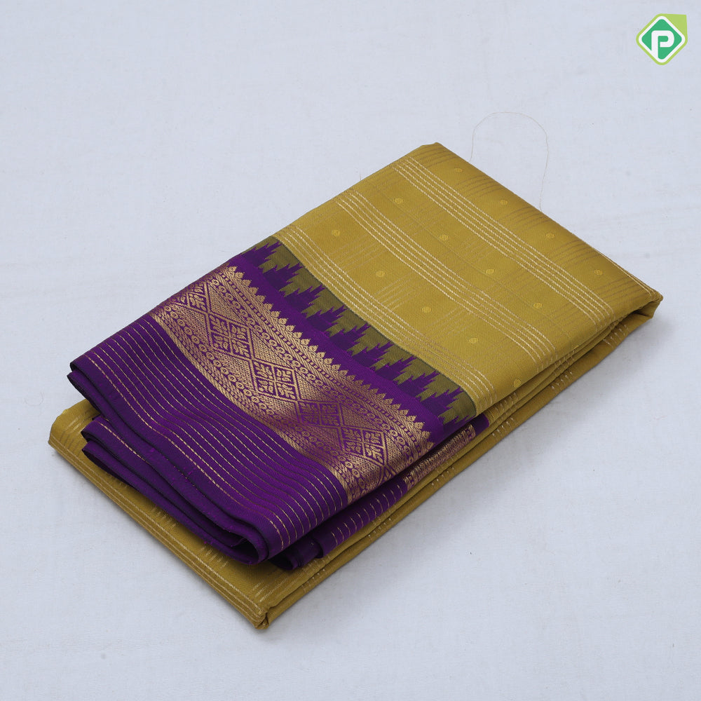 Manthulir green gold zari multi lines checks purple gold zari diamond butta temple border art silk saree