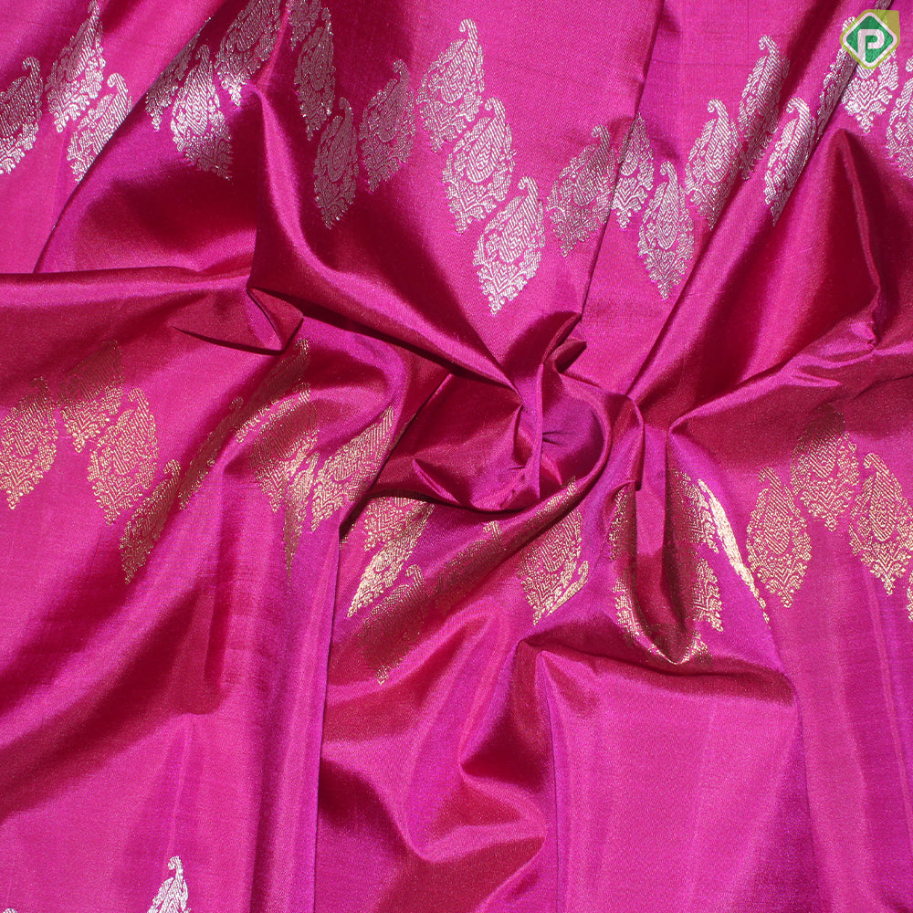 Magenta With Silver And Gold Zari Waves Butta Design Borderless Trendy Designer Silk Saree