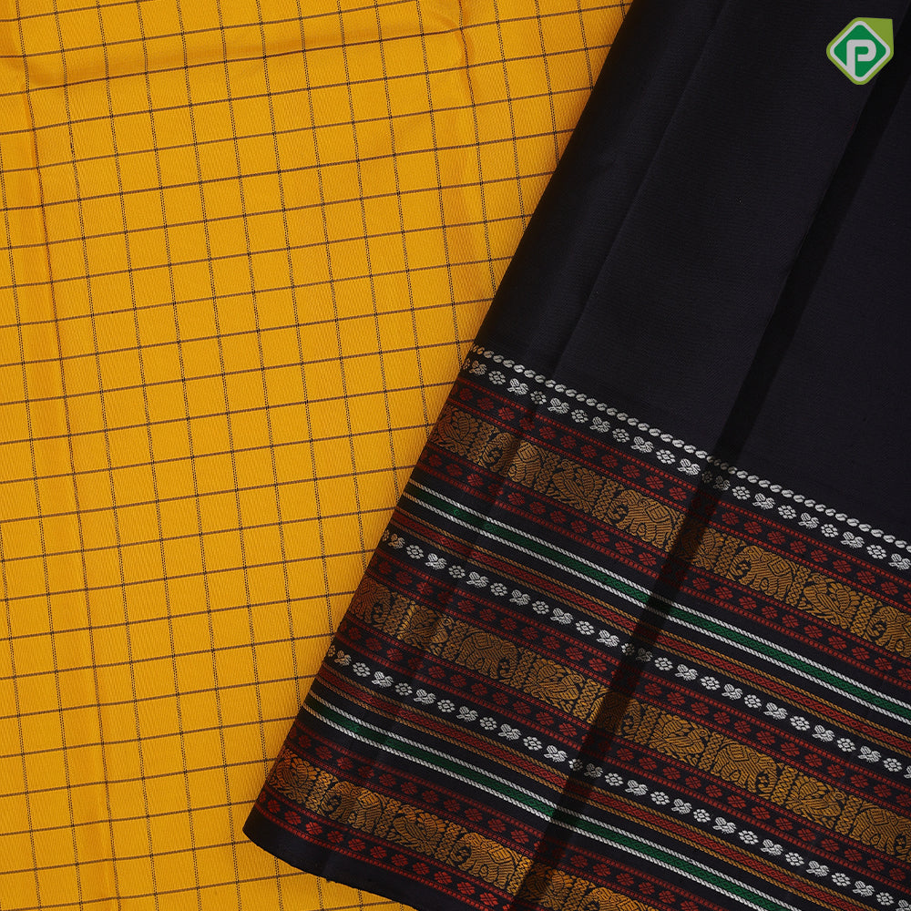 Mango yellow thread checks design purple brown with multi color thread work butta lines border traditional silk saree