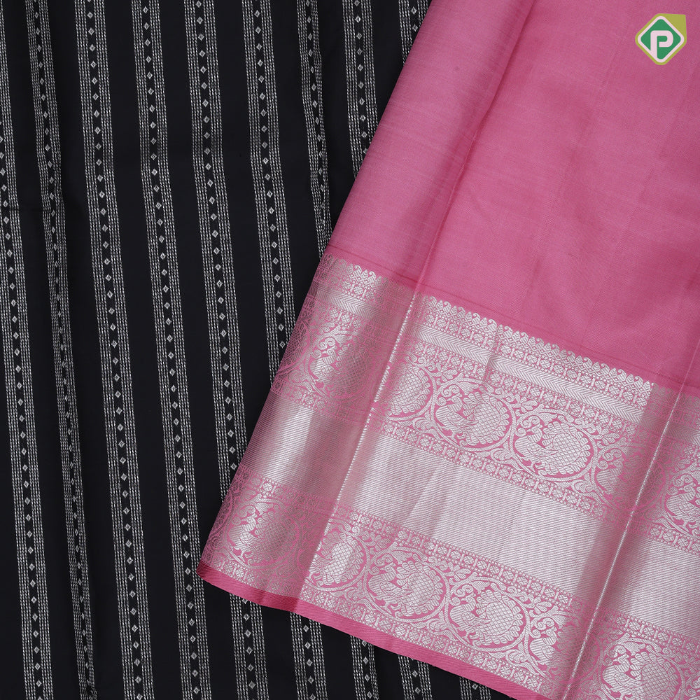 Black Colour Silver Zari Straight Lines Diamond Design Baby Pink Colour Peacock Bavanji Border Design Luxury Black Silk Saree