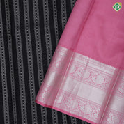 Black Colour Silver Zari Straight Lines Diamond Design Baby Pink Colour Peacock Bavanji Border Design Luxury Black Silk Saree