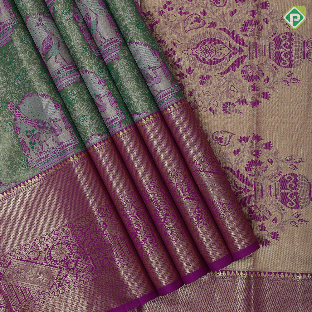 Mint green and thread work peacock in mandap design pink gold zari floral border tissue art silk saree
