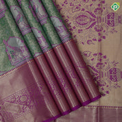 Mint green and thread work peacock in mandap design pink gold zari floral border tissue art silk saree