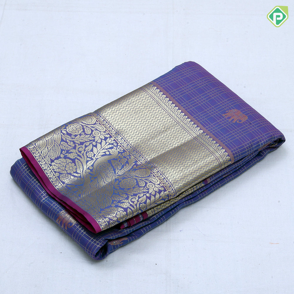 Pink gold zari checks and elephant butta design self gold zari peacock and zig zag border Art silk saree