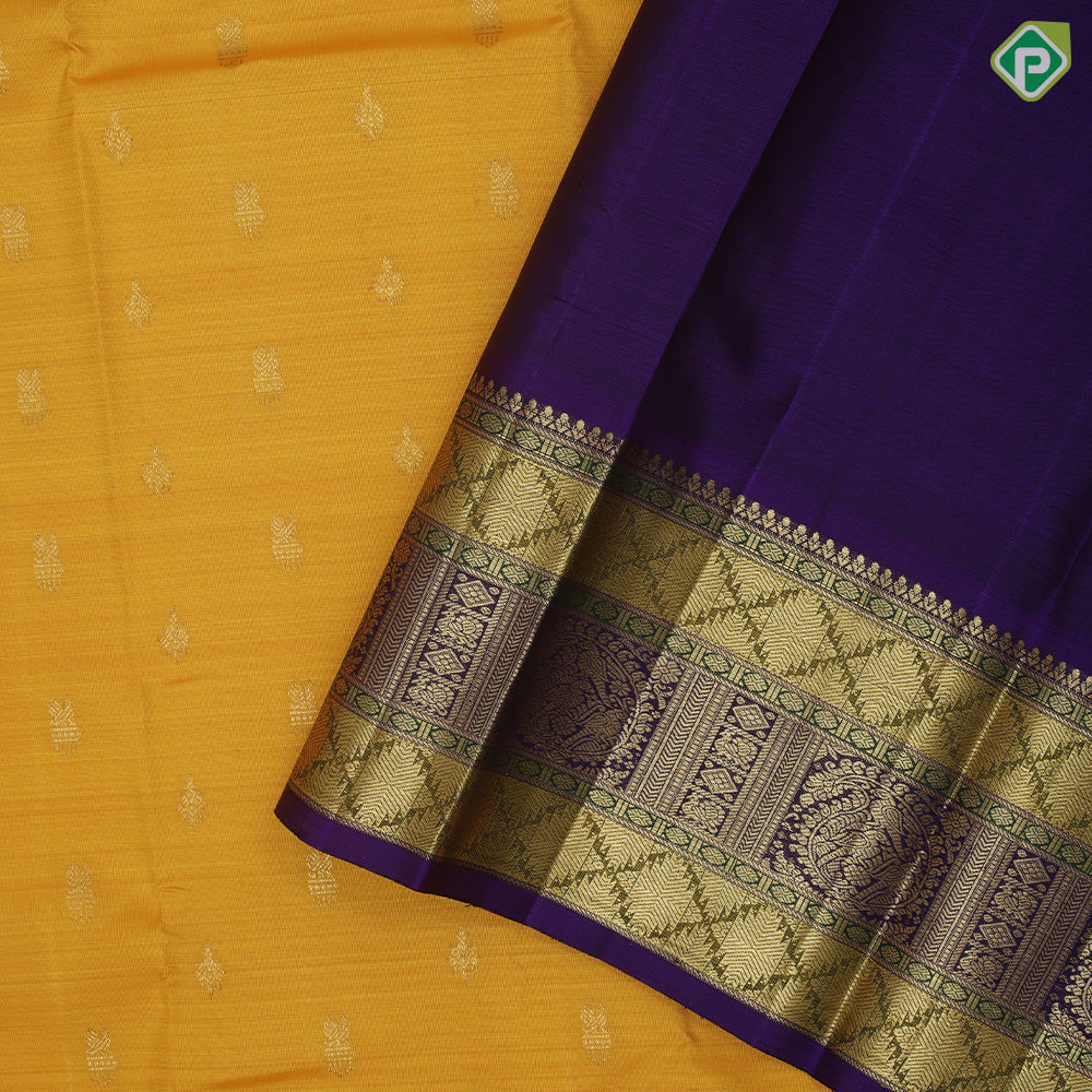Mango yellow gold zari fancy star potted annam butta contrast blue gold zari tri lines meena work koorvai border traditional silk saree