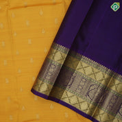 Mango yellow gold zari fancy star potted annam butta contrast blue gold zari tri lines meena work koorvai border traditional silk saree