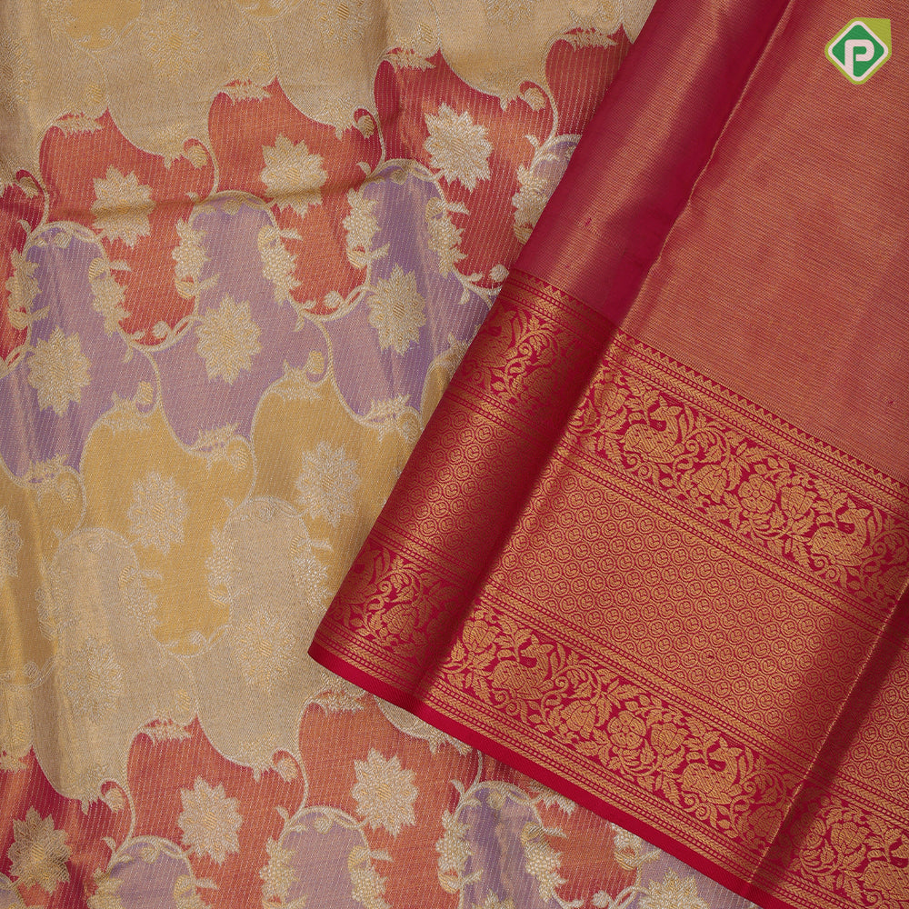 Multi color gold zari by zari tissue grand floral design rani pink gold zari rangoli floral border tissue bridal silk saree