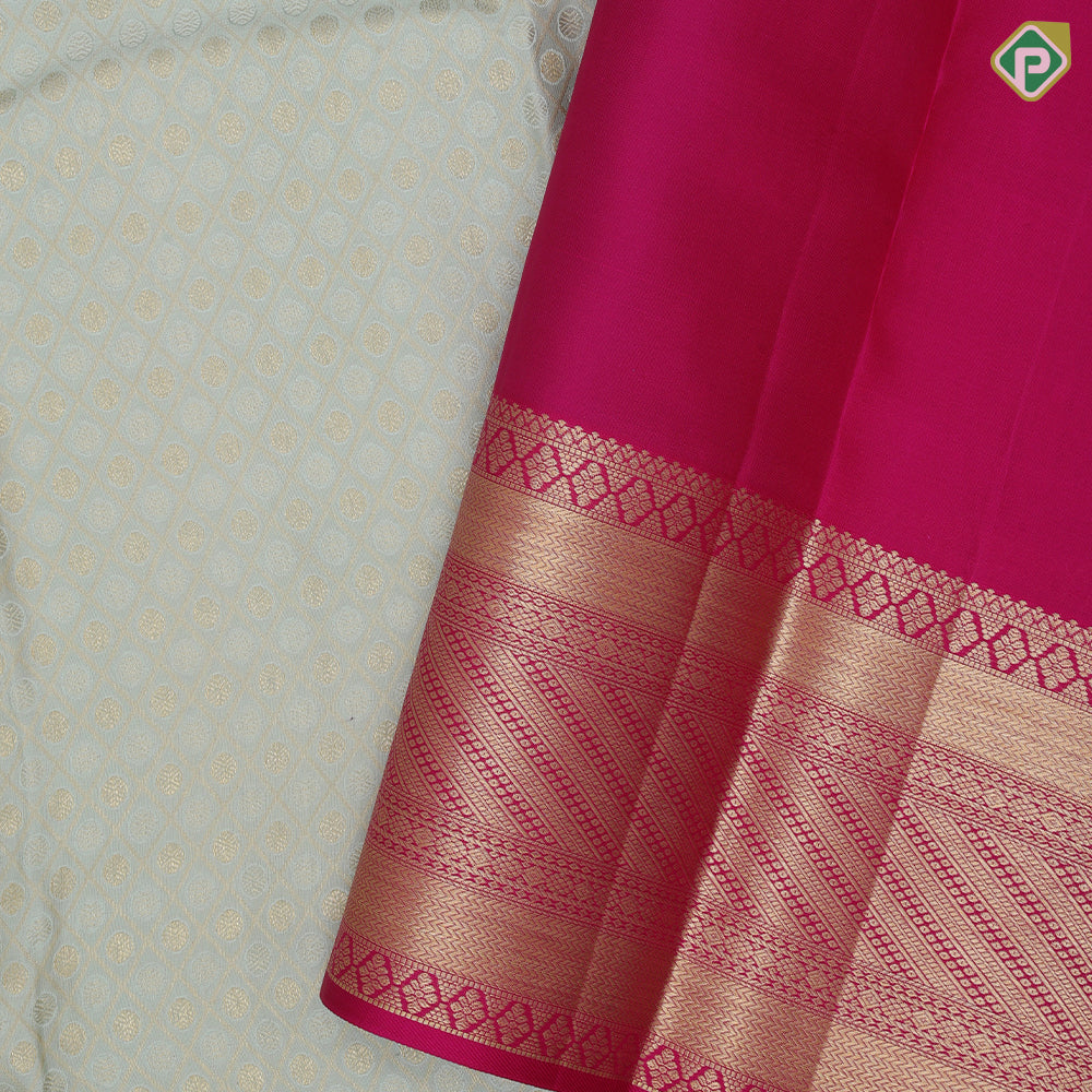 Chalk White Gold Zari Ruthracham Design Dark Pink Flower Ruthracham Border Design Wedding Silk Saree