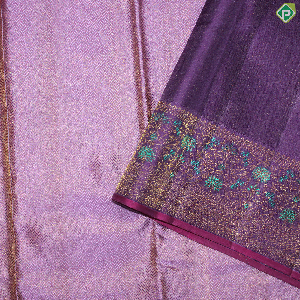 Rose Pink Gold Zari Zig-Zag and Floral Design With Purple Color Meena Work Border Traditional Silk Saree