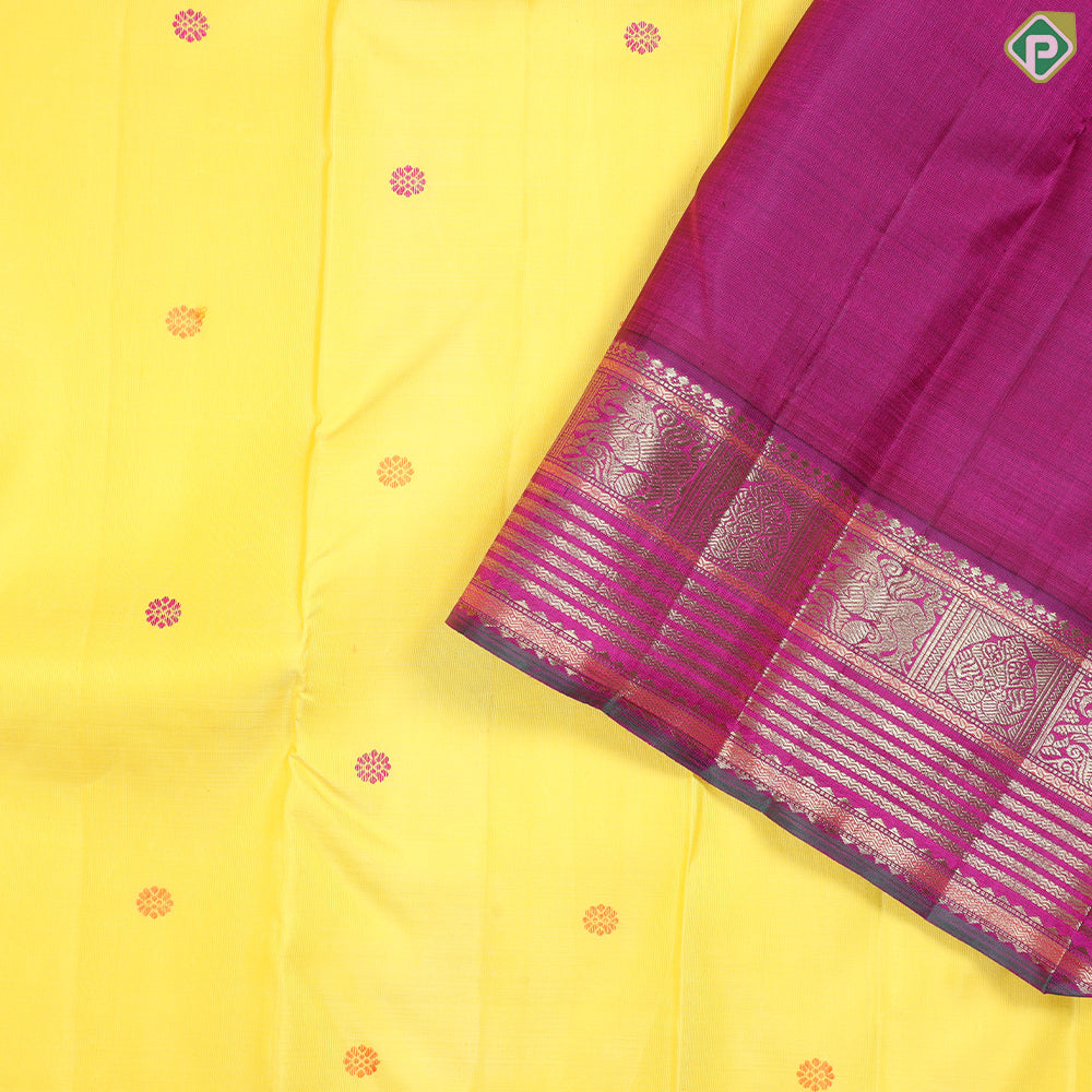 Corn Yellow Silk Thread Butta Design Rani Pink Korvai Border Traditional Silk Saree