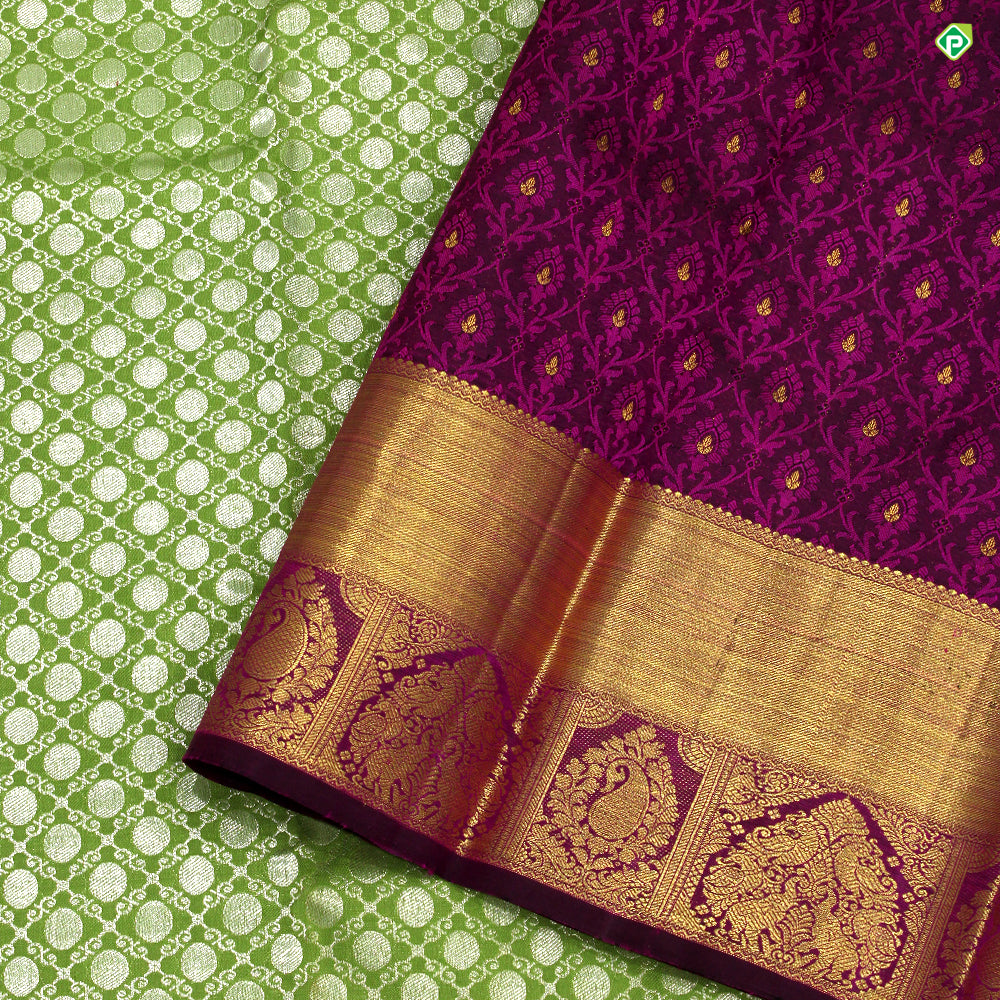 Sage Green With Purple Colour Big Folka Dots With Cross  Lines Grand Bridal Silks Saree