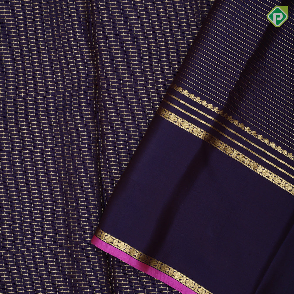 Purple blue gold zari kattam design self plain rettapet border traditional silk saree