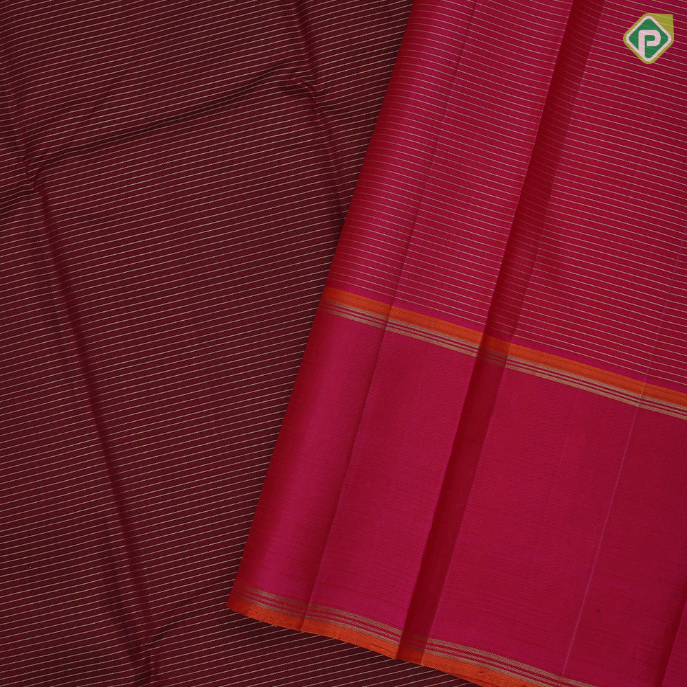 Maroon gold zari vairaoosi lines design rani pink orange and gold zari padded temple border traditional silk saree