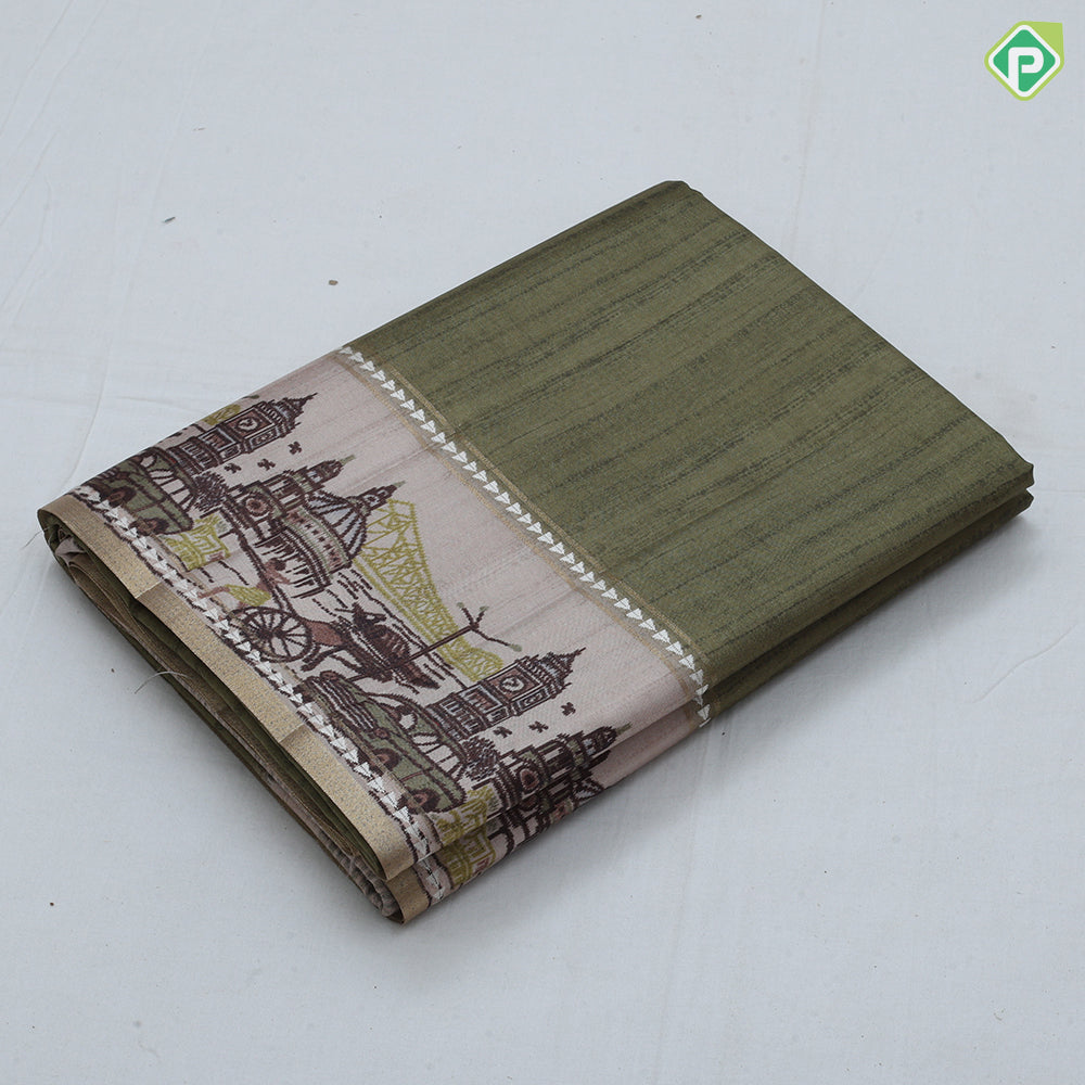 plain body cream base city view print border fancy cotton saree