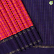 Pink and orange multi checks design contrast blue gold zari retta pett border traditional silk saree
