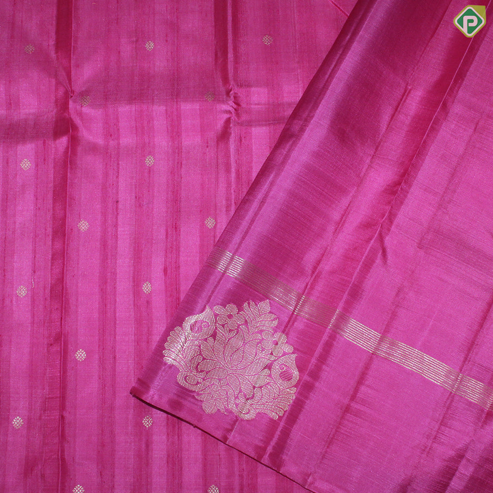 Pink Color Small Chakaram Motif With Self Border Mango Design Gold Zari Lines Traditional Silk Saree