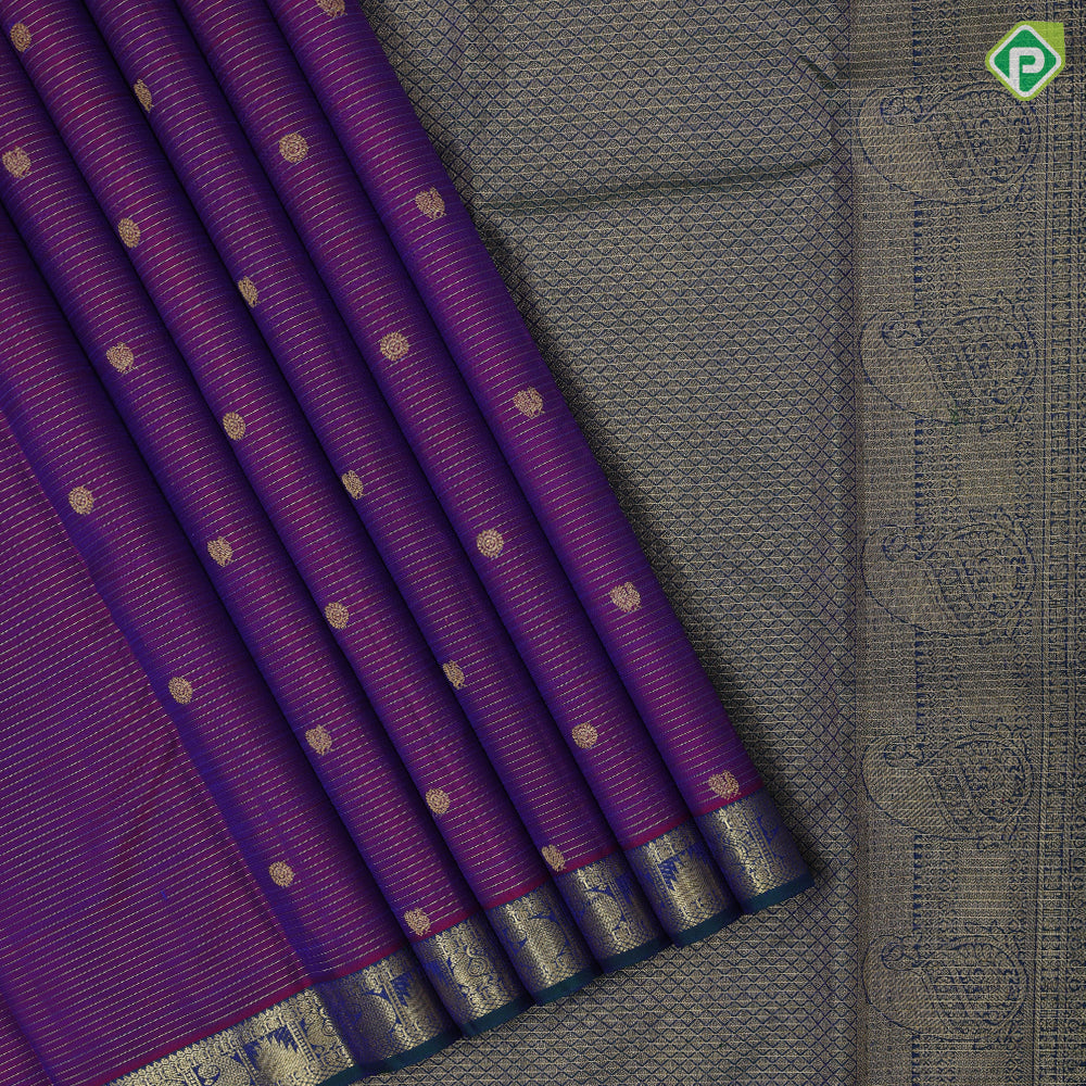 Purple Gold Zari Vairaoosi Lines Peacock Charaga Motif Design Peacock Blue Manga Temple Reck Peacock Border Design Traditional Silk Saree