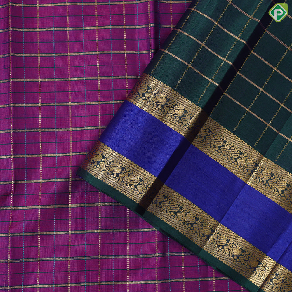 Purple Pink Gold Zari Kattam (Checkered) Contrast Gold Zari Rettapet Border Traditional Silk Saree