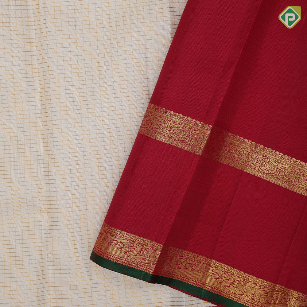 Milk white gold zari vairaoosi micro checks contrast maroon gold zari green edge padded retta pett border vintage silk saree