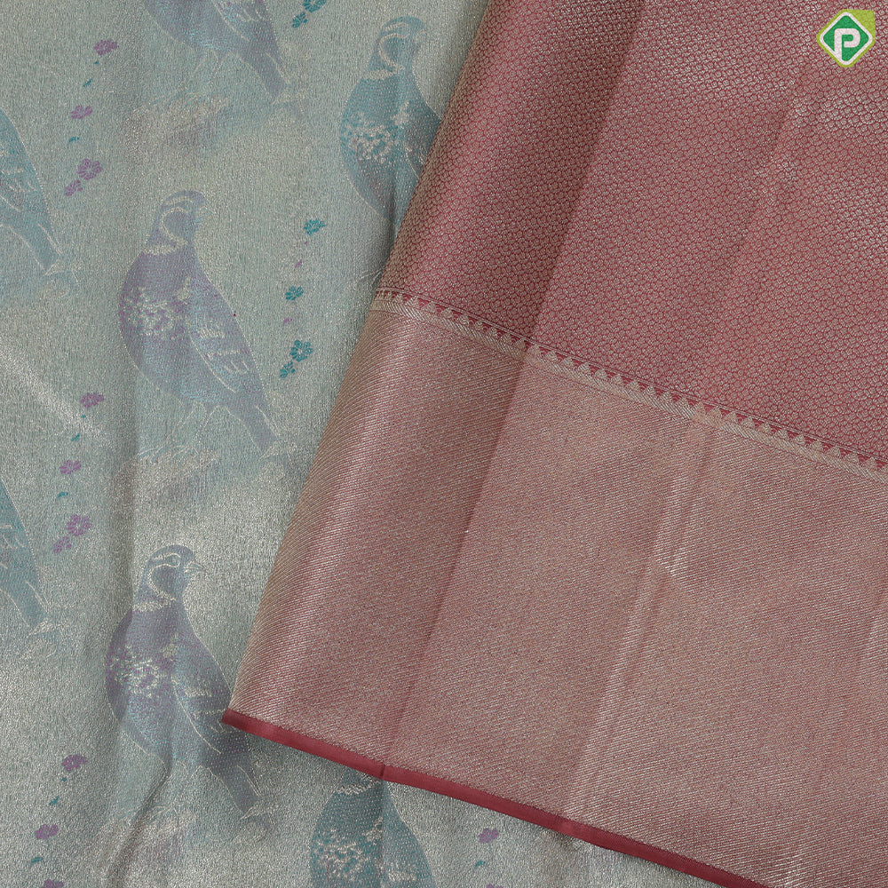 Pista green zari silk thread dove on branch painting inspired onion pink silver gold zari spin border trendy tissue saree