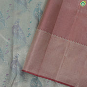 Pista green zari silk thread dove on branch painting inspired onion pink silver gold zari spin border trendy tissue saree
