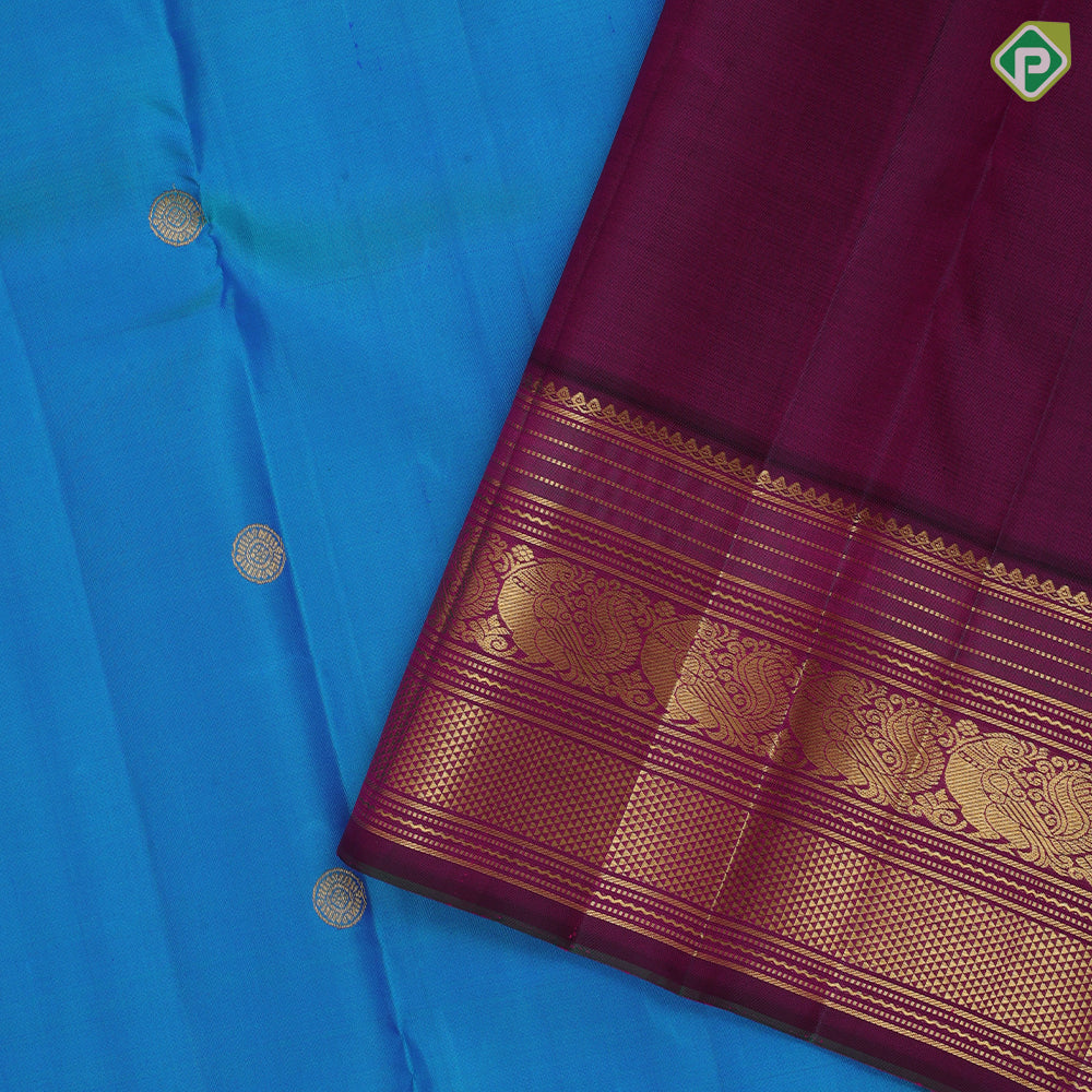 Peacock Blue Gold Zari Gandaberunda Chagaram Butta Design Magenta Peacock Mayilkan Border Design Traditional Silk Saree