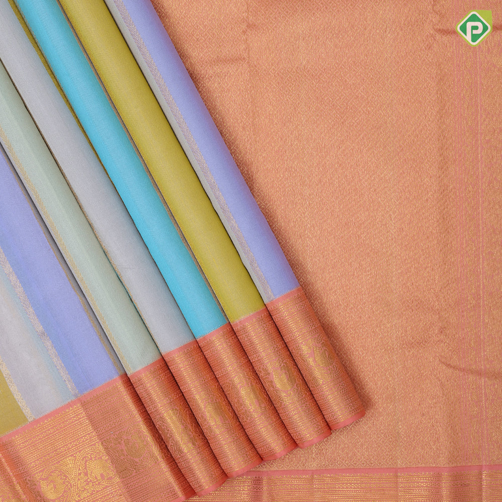 Multi color gold zari self designed stripes baby pink gold zari elephant butta design border Kora silk saree