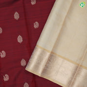 Maroon gold zari peacock fancy leaf butta design sandal gold zari rangoli design border traditional silk saree