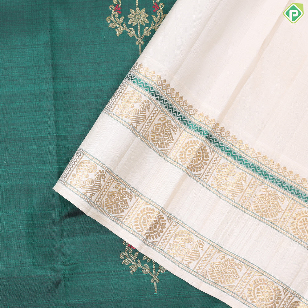 Bottle Green Gold Zari Big Flower Butta Design Contrast Cream White Rettapet Border Traditional Silk saree