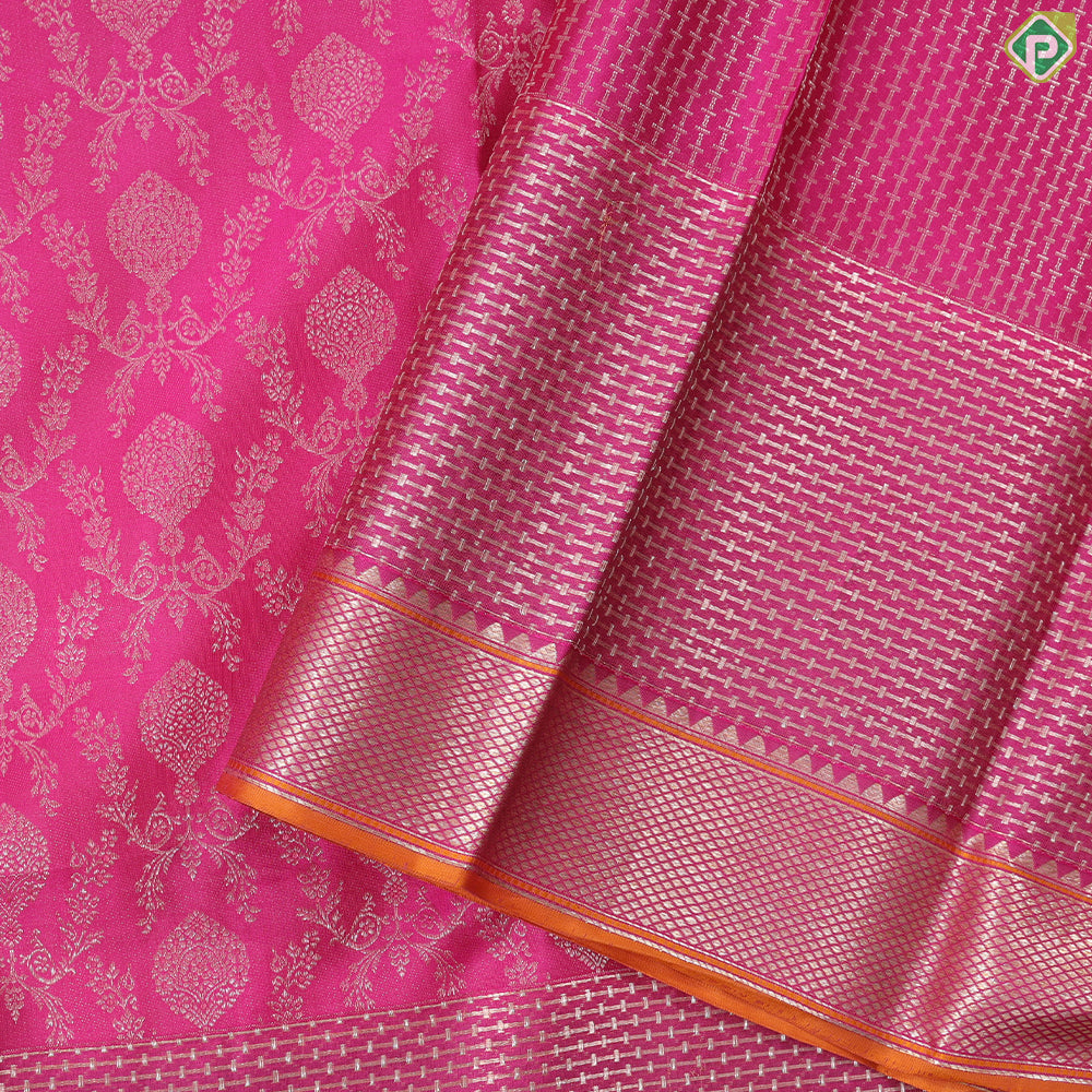 Rani Pink with neem zari grand floral full body design self border bridal silk saree