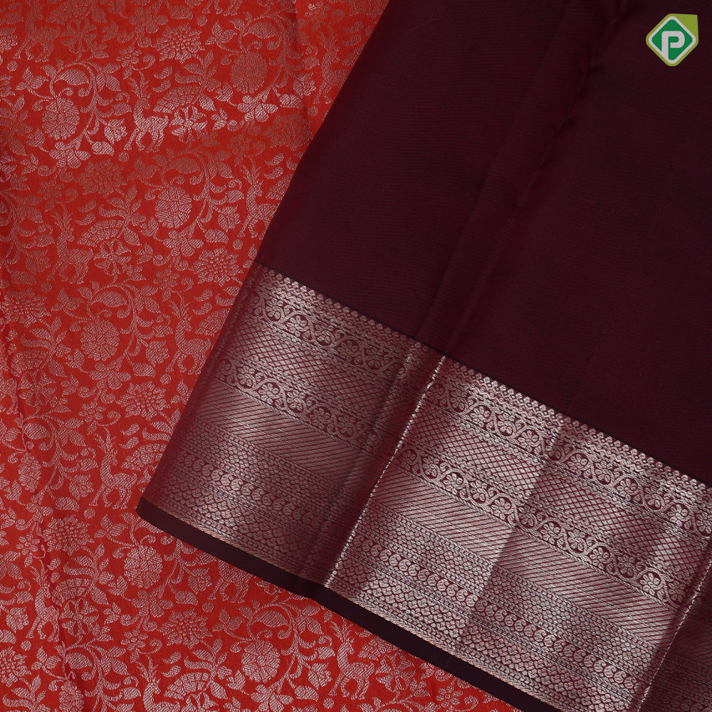 Honey Orange silver copper zari grand floral design chocolate brown rangoli design border grand silk saree