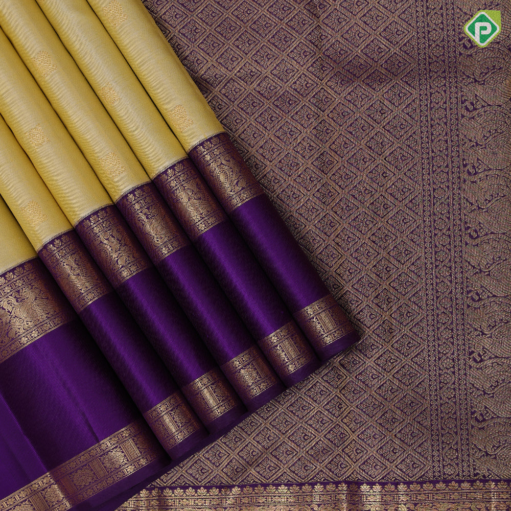 Sandal gold zari annam Chakkaram butta motifs purple blue gold zari retta pett border traditional retro silk saree