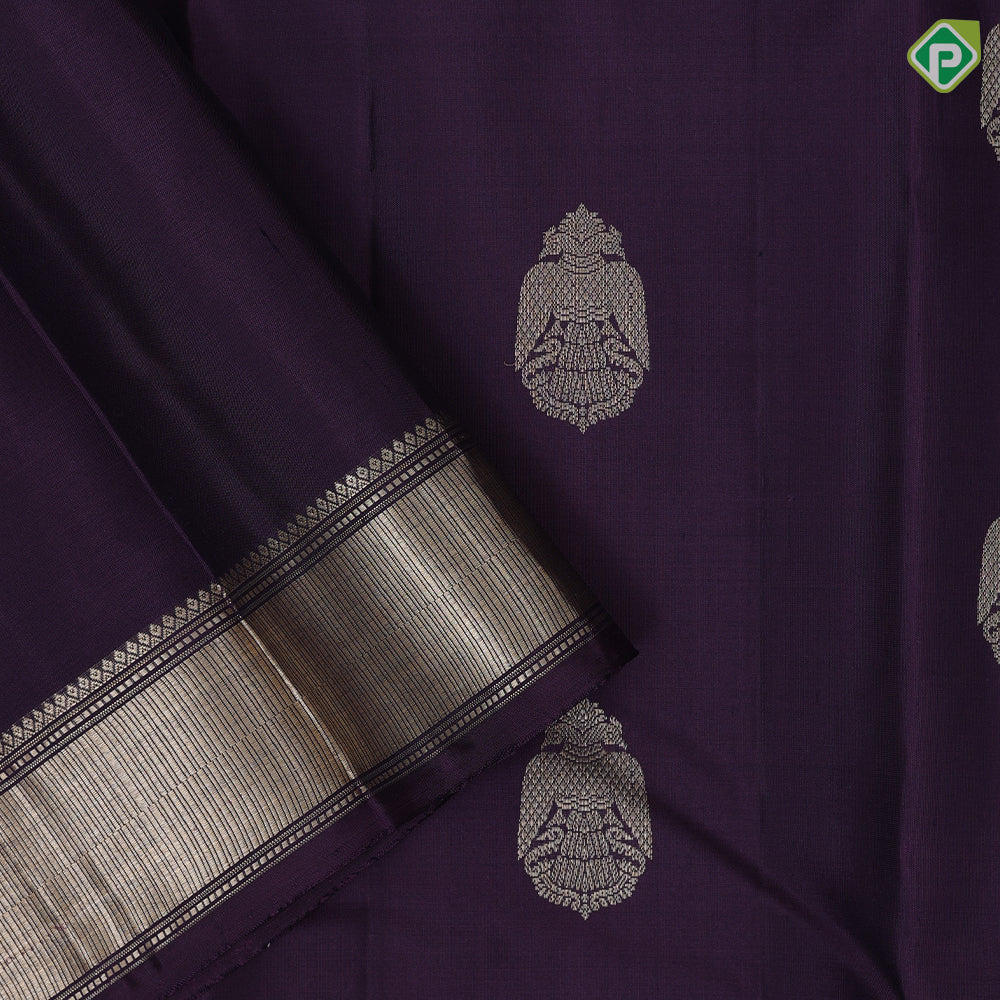 Grape purple silver gold zari kandapiranda butta self silver gold zari bavanji border traditional silk saree