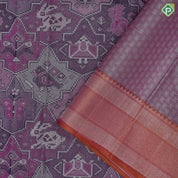 Purple base silver zari digital animation design orange with silver zari mayilkan border trendy designer silk saree