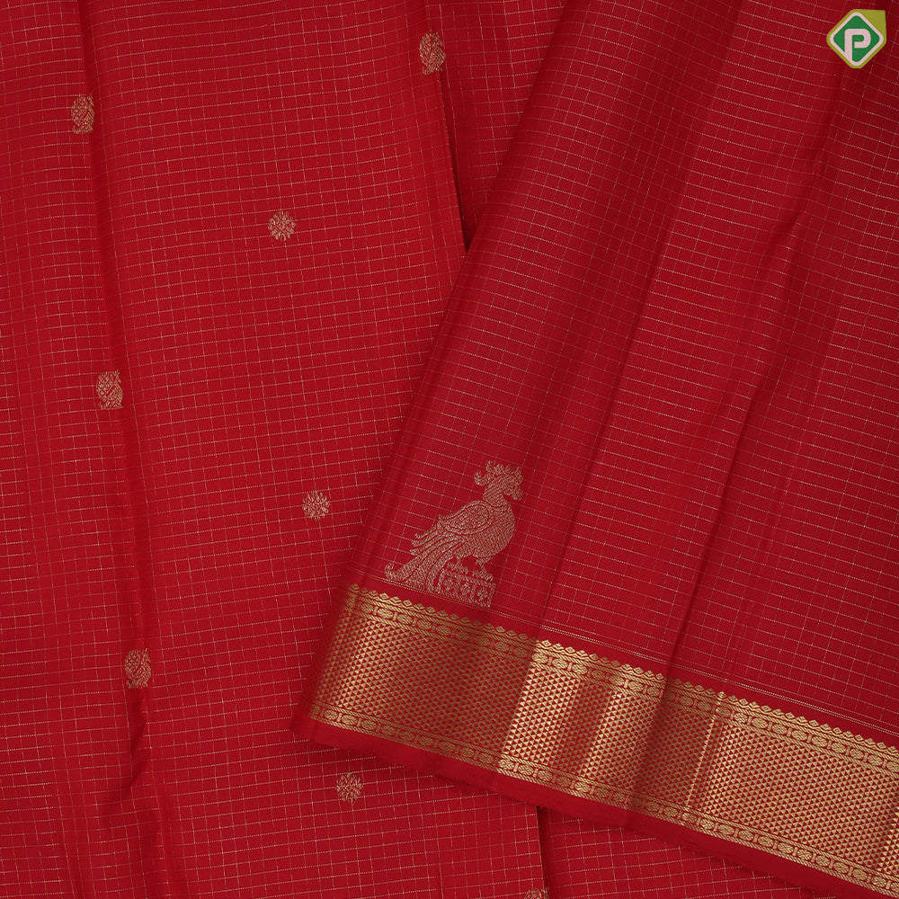 tomato red gold zari vairaoosi kattam annam chakram butta self gold zari mayilkan edge border Koorai silk saree