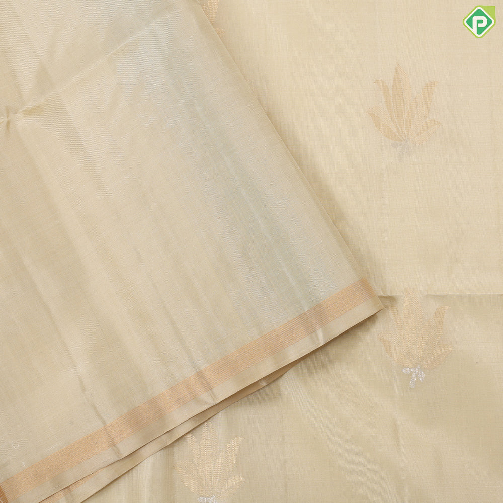 Beige silver gold zari fancy flower design self gold zari edge border soft silk saree