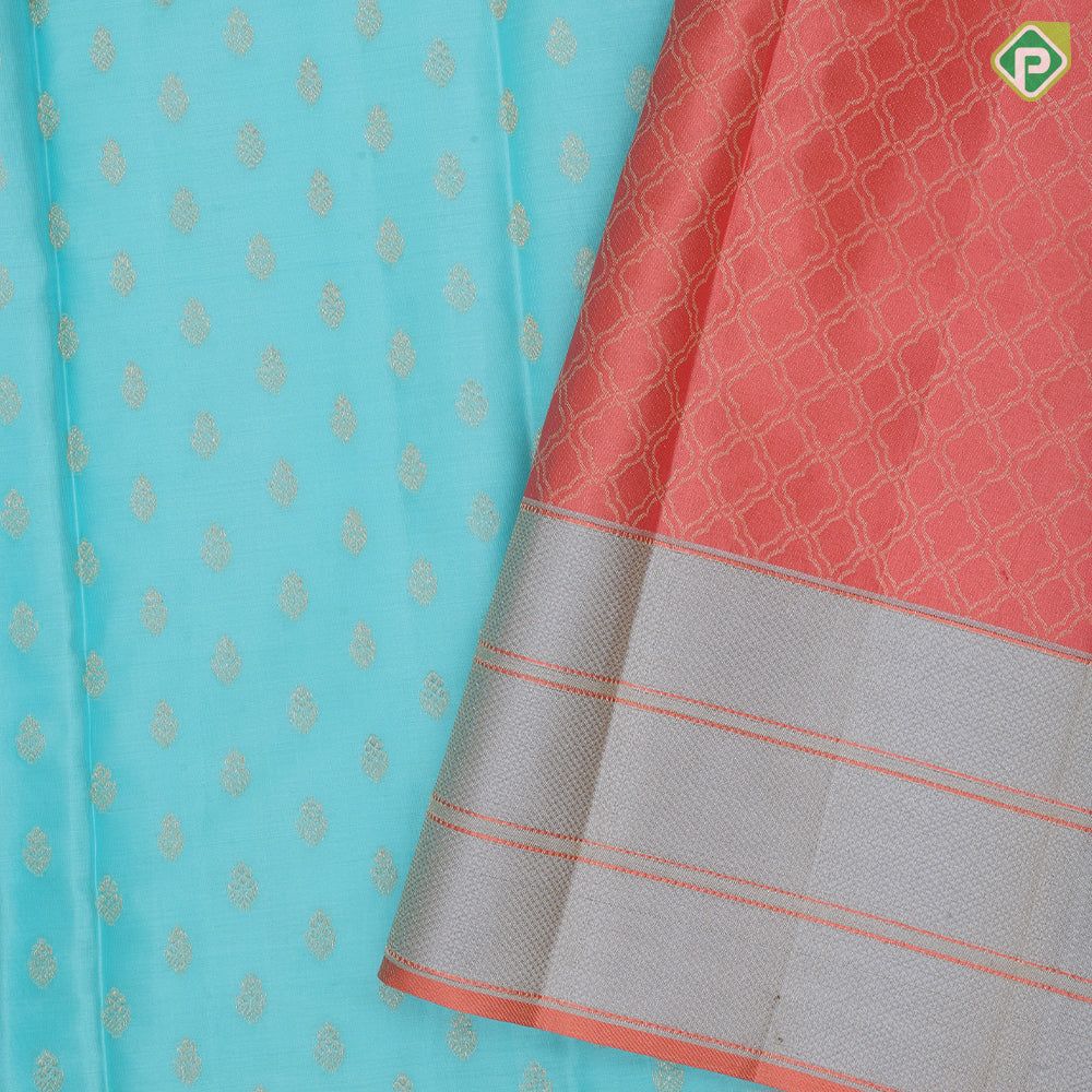 Sea Blue Gold Zari Small Motif Design Peach Orange Mayilkan Border Design Trendy Silk Saree