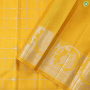 Cyber Yellow silver gold zari kattam (checkered) self peacock and creeper border Traditional silk saree