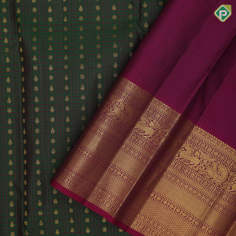 Army green maroon checks gold zari thilagam star butta maroon gold zari yaali design border traditional silk saree