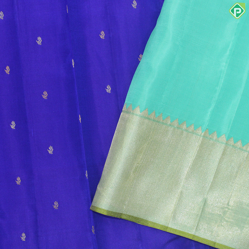 Ink Blue Gold Zari Small Motif With Olive Green Gold And Silver Zari Tissue Border Trendy Silk Saree